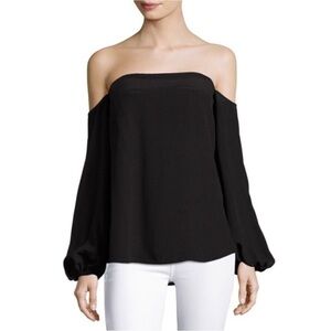 New Theory Women’s Laureema Black Mosaic Size 12 Silk Off Shoulder Puff Sleeve